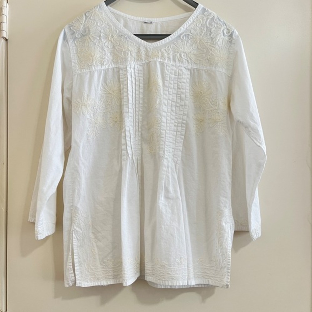 Embroidered Women Cotton Tunic Large Boho Cottage Peasant Pintuck‎ White Top